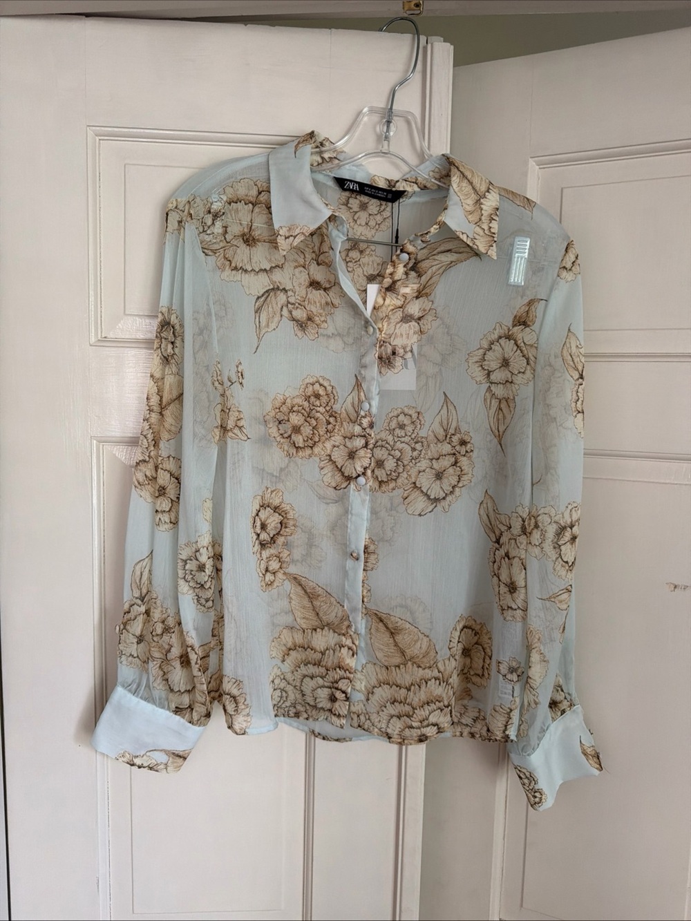 Zara Light Blue Floral Button-Down Blouse Sheer NWT